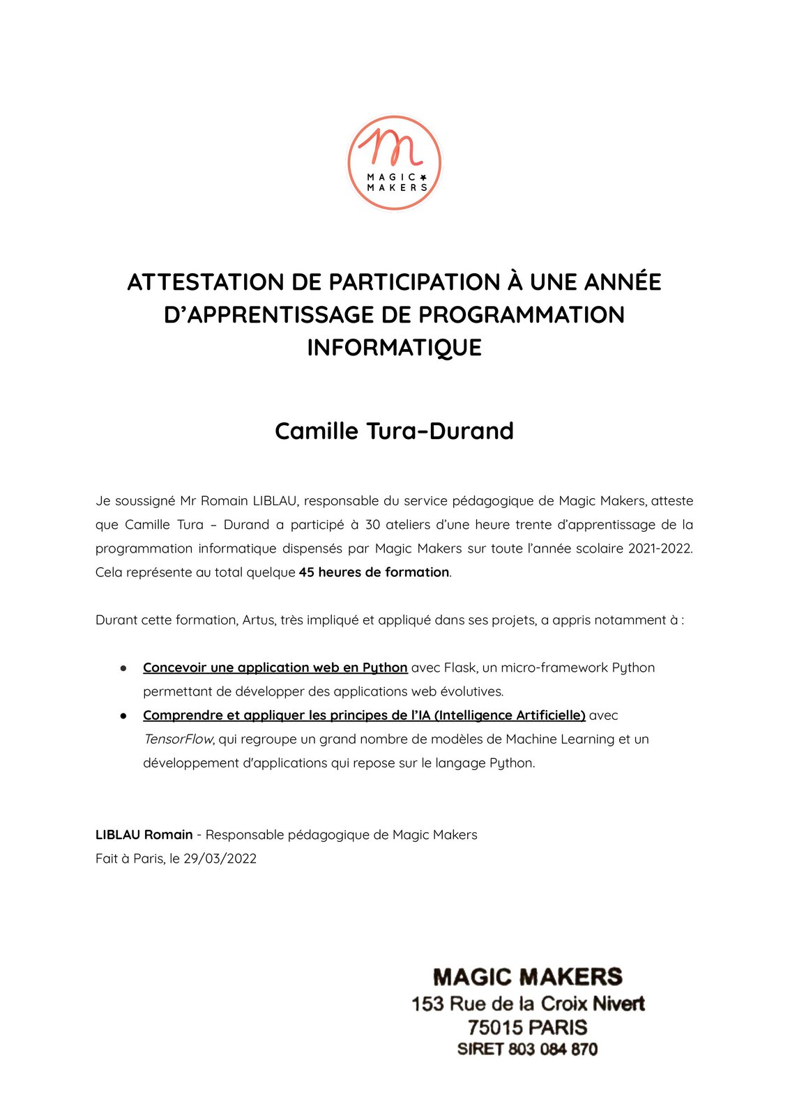 Certificat Magic Makers 2022